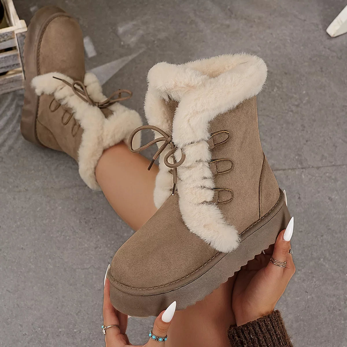 Coffee Brown round toe platform boots styled with denim