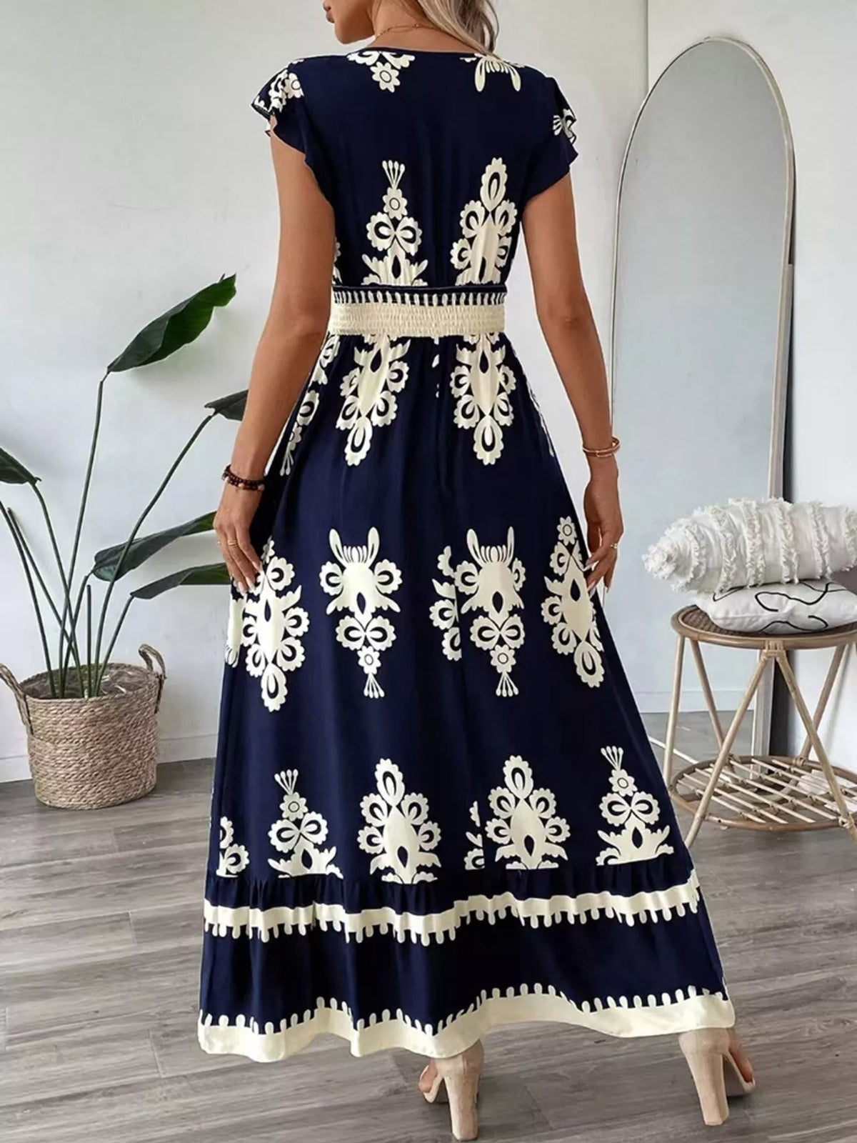 ruffle print v neck maxi dress styled outfit view