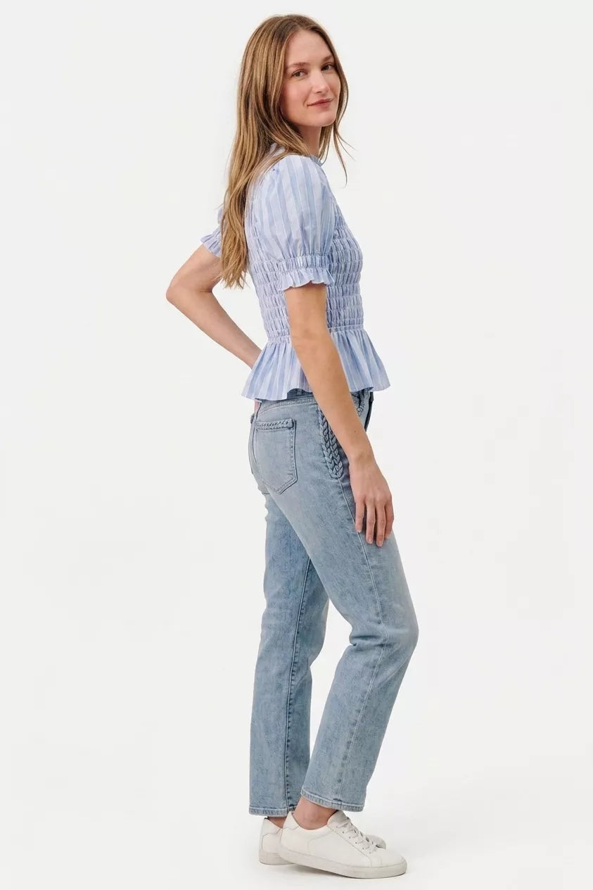 Blue striped smocked puff sleeve blouse back view