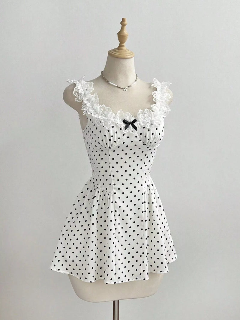 White polka dot lace trim mini dress front view