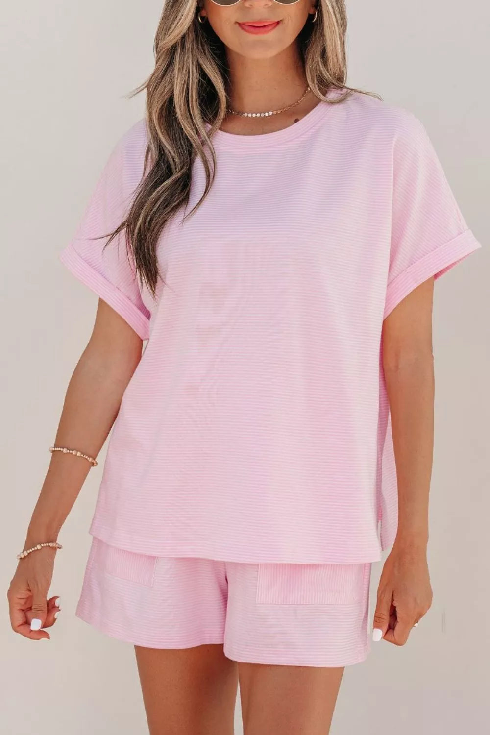 Striped two piece lounge set front styling
