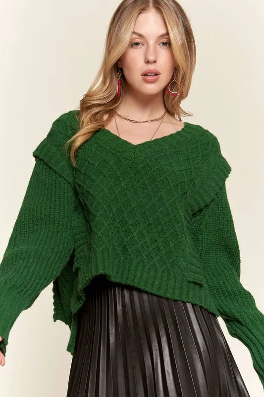 Ruffle Detail Knit Sweater in Green on model