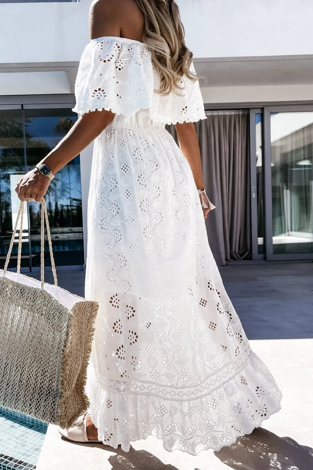 Off Shoulder Eyelet Lace Maxi Dress off shoulder neckline detail
