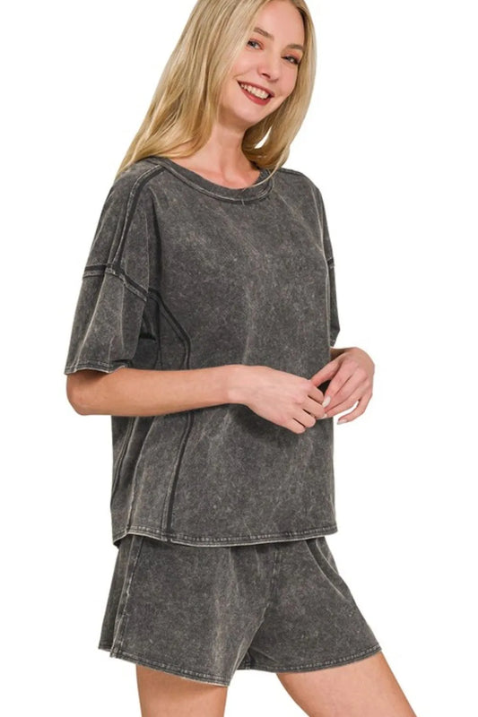 Zenana Acid Washed Short Sleeve Tee & Shorts Set ASH BLACK - Fashorio