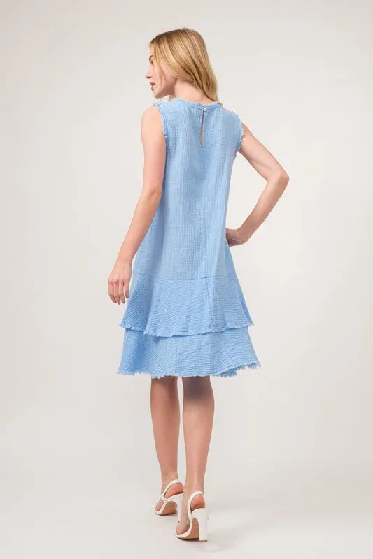 Washed Fringe Detail Tiered Dress close up