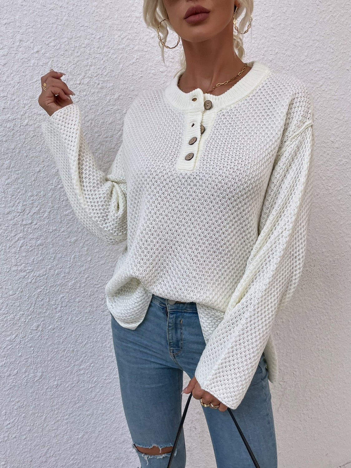 Quarter-Button Slit Sweater - Fashorio