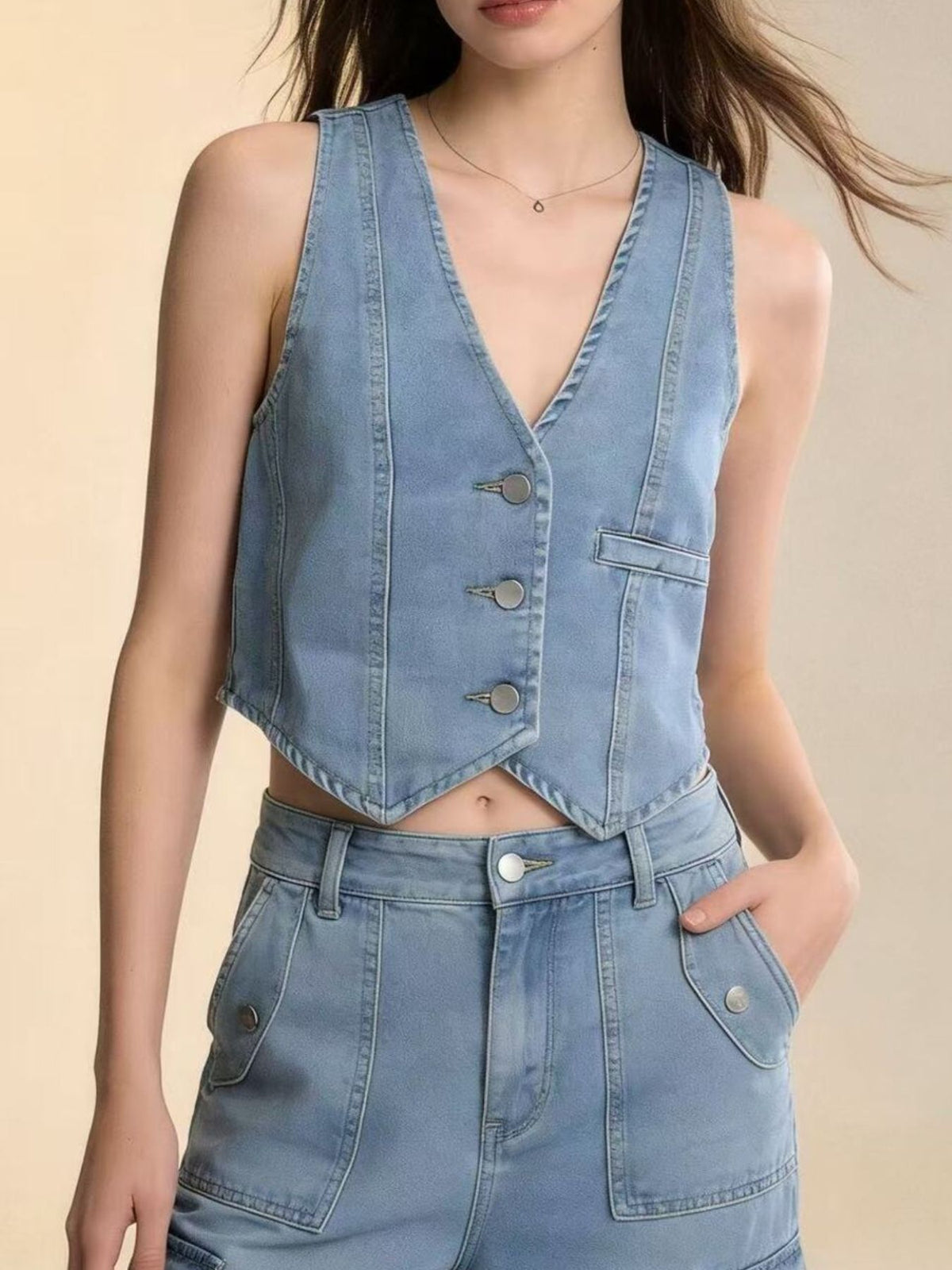 Button Down Denim Vest in Dark Blue view 8