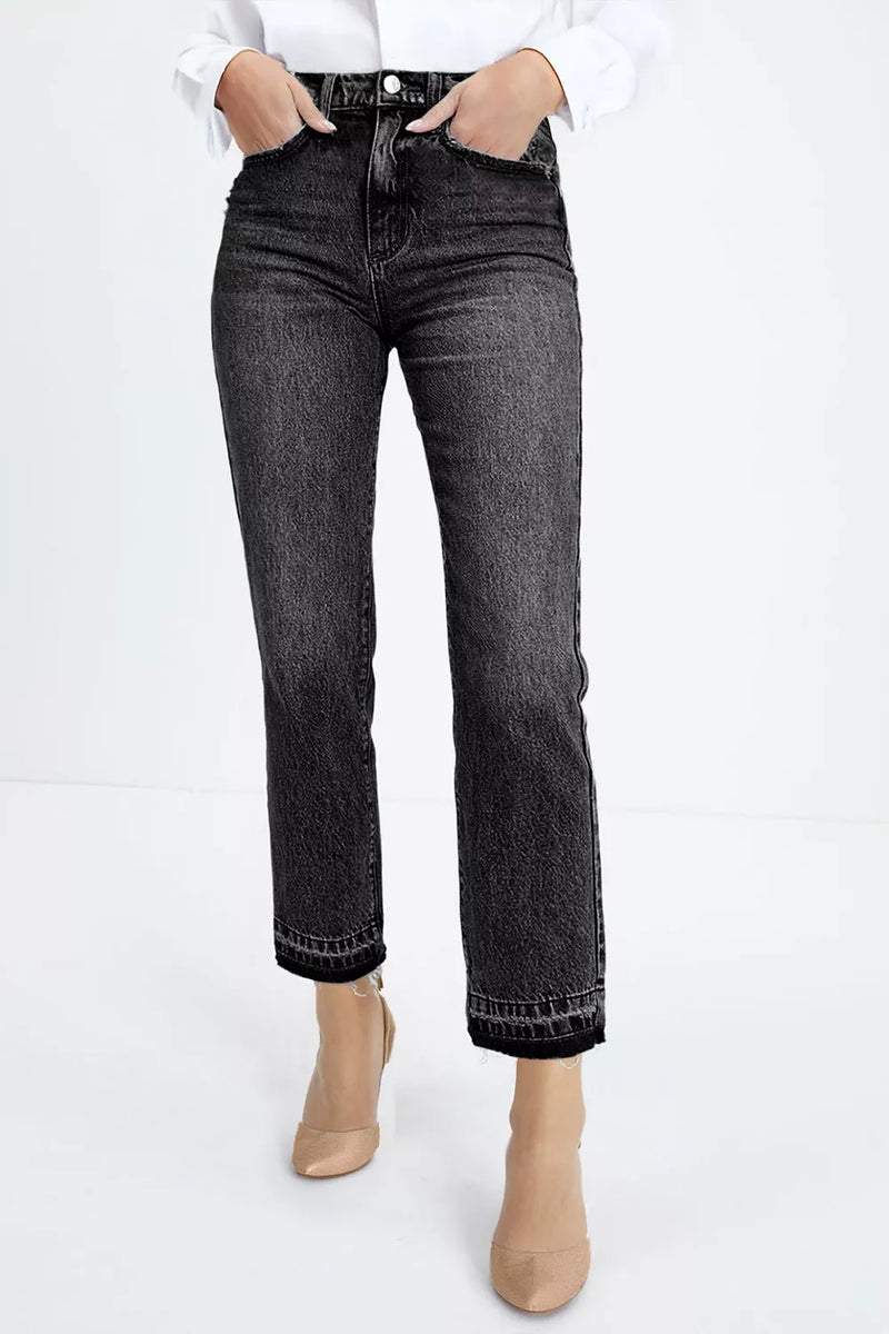 Black high waisted distressed straight leg jeans front view