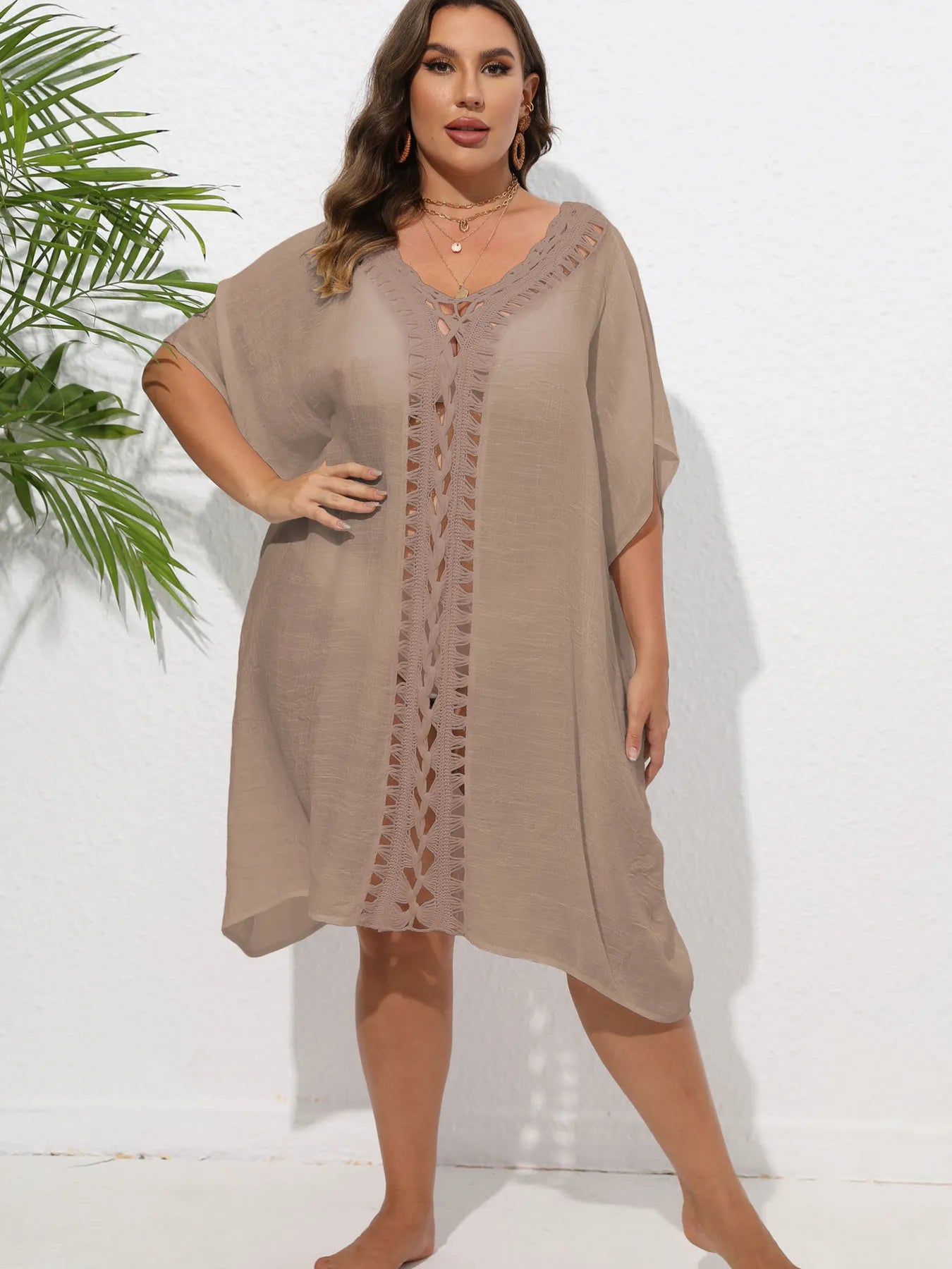 Crochet Trim V-Neck Beach Cover Up Dress Brown One Size - Fashorio