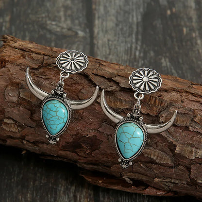 Artificial Turquoise Alloy Cow Head Earrings - Fashorio