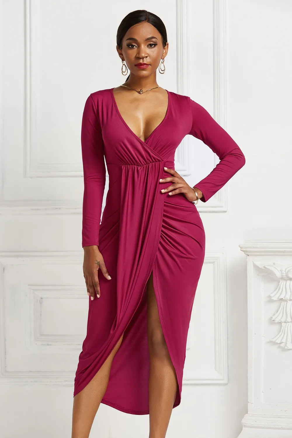 High Low Ruched Surplice Long Sleeve Dress, view 31