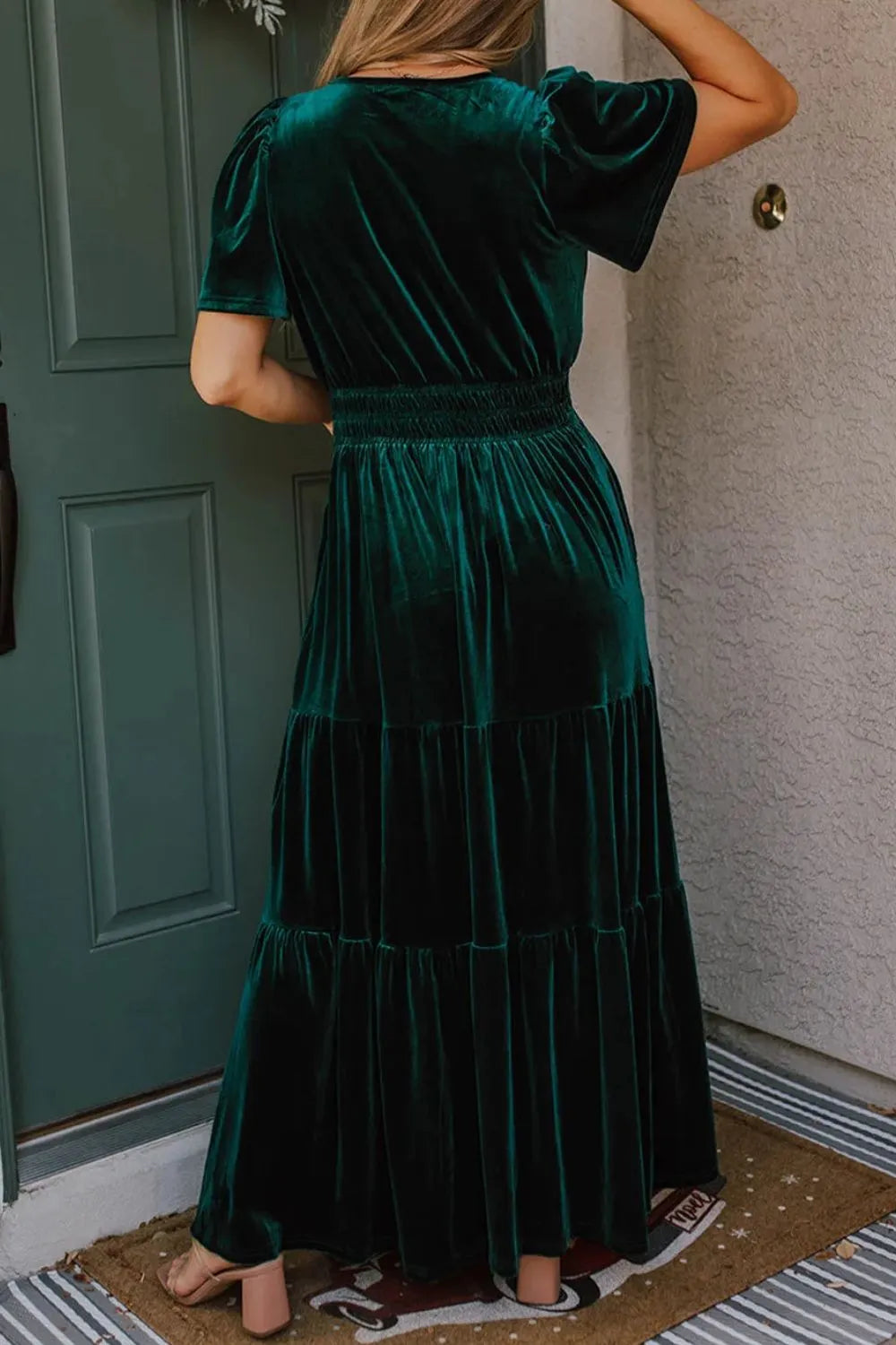 Tiered Short Sleeve Maxi Dress with Pockets, front view