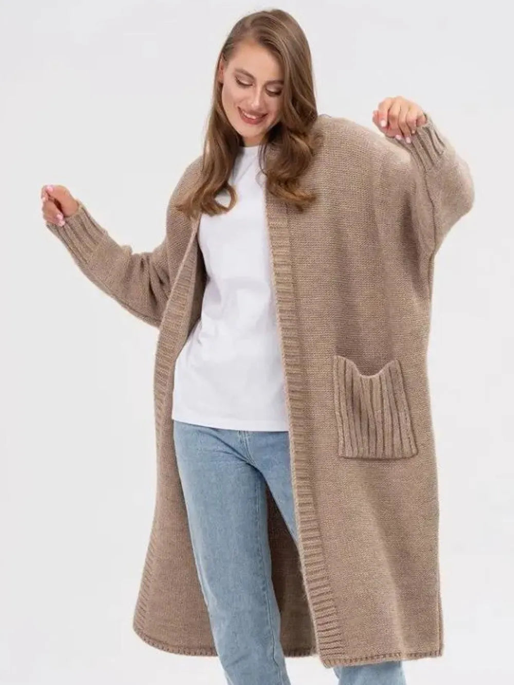 Pocketed Open Front Long Sleeve Longline Cardigan - Fashorio