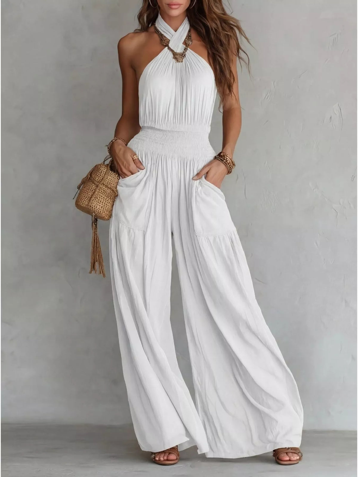 Halter neck wide leg jumpsuit close up detail
