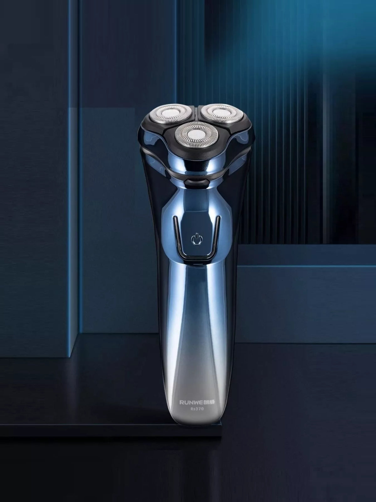 Blue waterproof rotary electric shaver front view