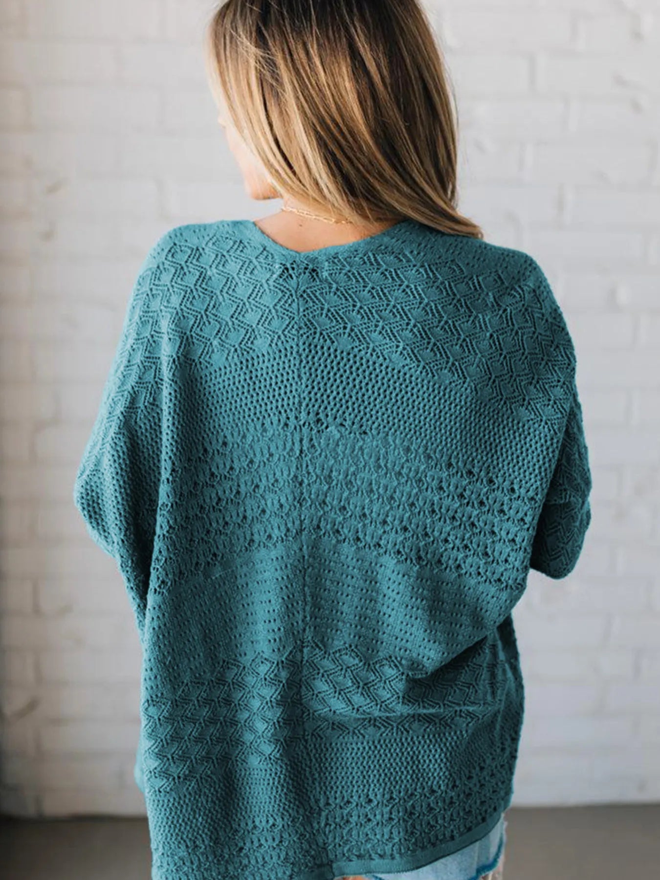 Open Front Knitted Cardigan with Eyelet Details - Fashorio