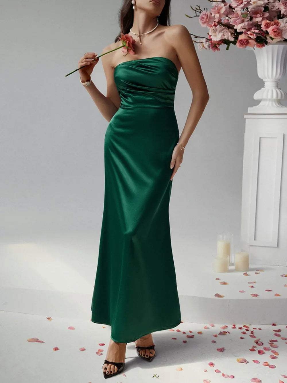 Ruched strapless tube maxi dress, flat lay