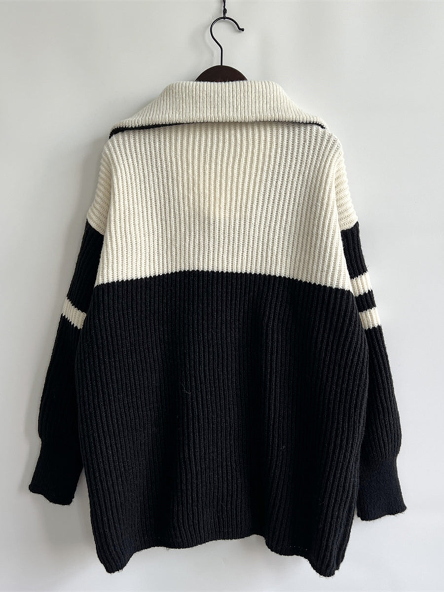 Ribbed Two-Tone Half Zip Sweater - Fashorio
