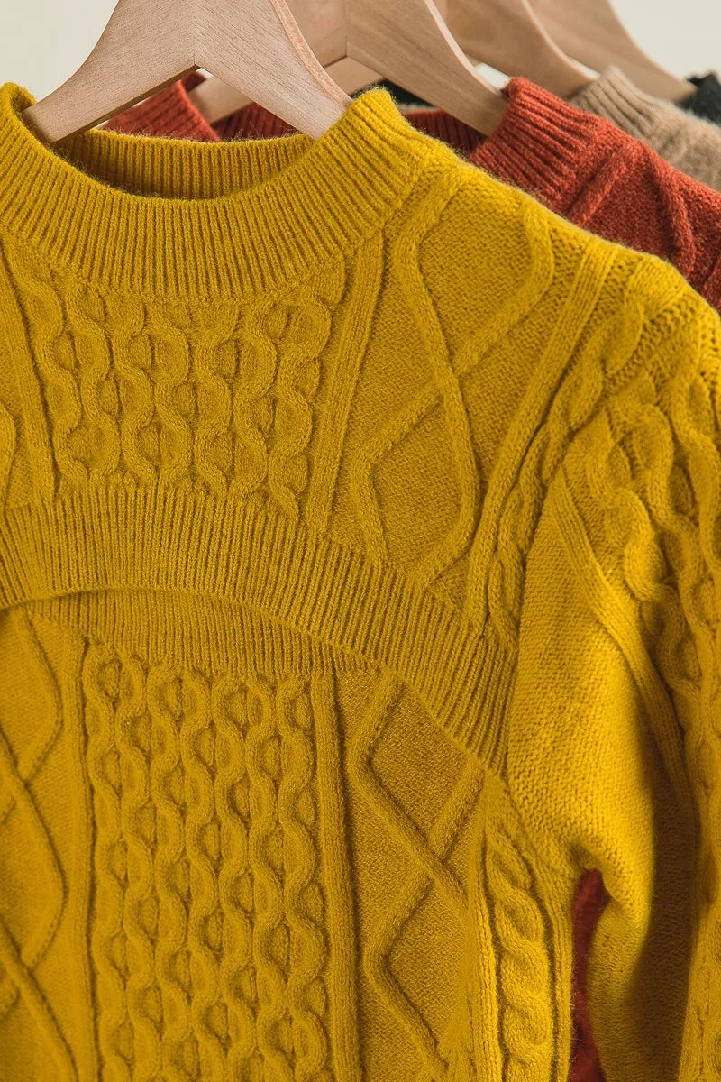 Cable Knit Sweater with Cut Out Detail in Mustard back view