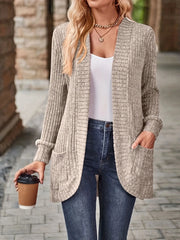 Ribbed Open Front Long Cardigan with Pockets Apricot - Fashorio