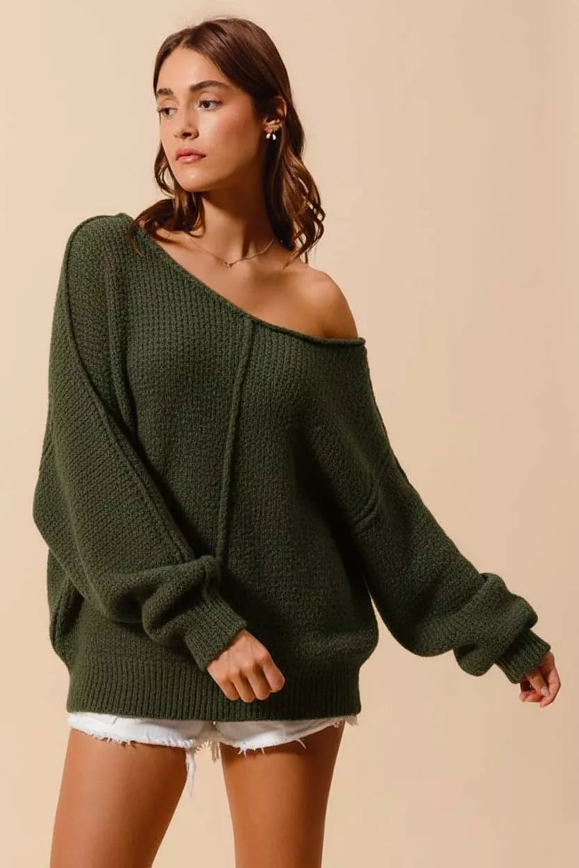 Slouchy Boucle Exposed Seam Sweater in Olive