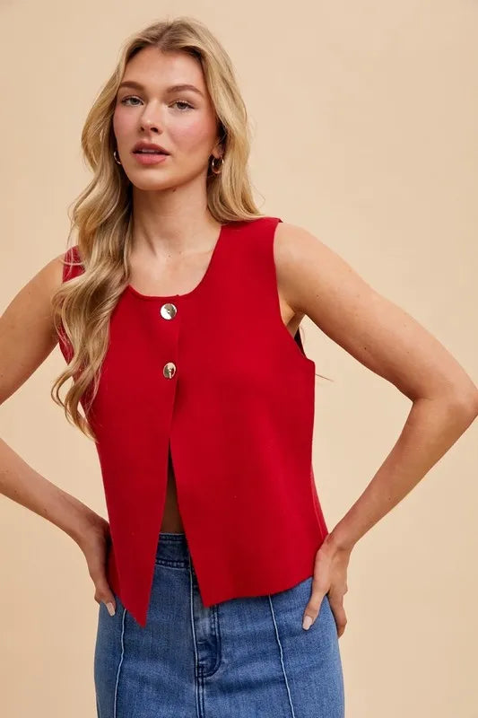 Metal Button Cropped Sweater Vest in Red side view