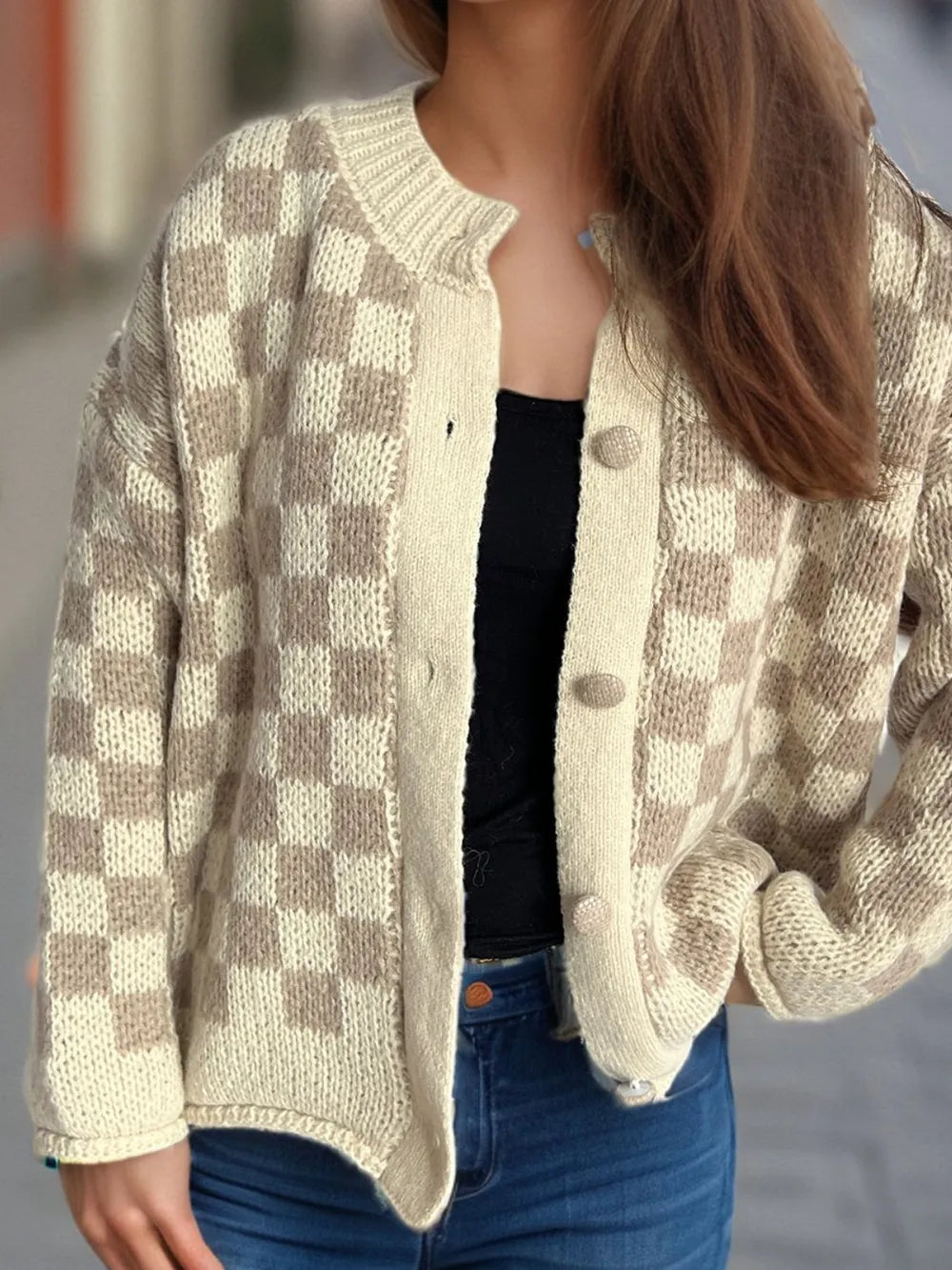 Checkered Button Up Round Neck Cardigan - Fashorio