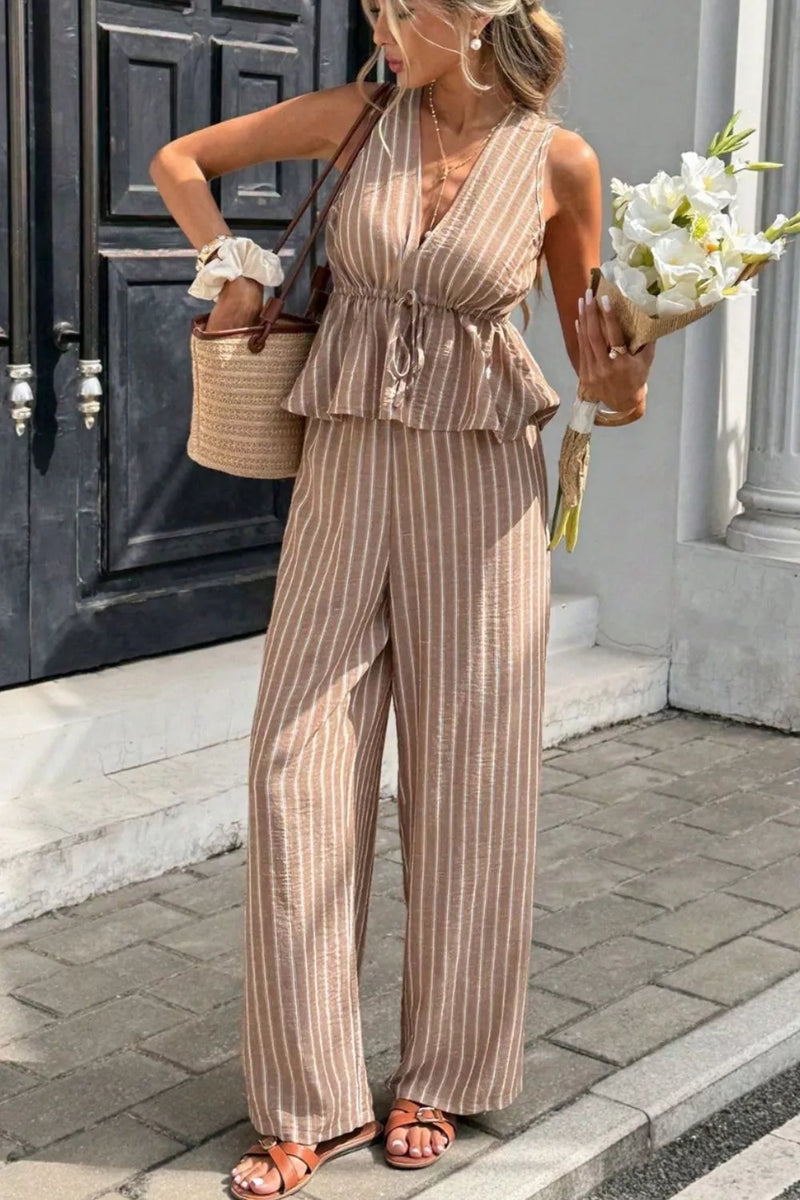 Striped sleeveless top and wide leg pants set front