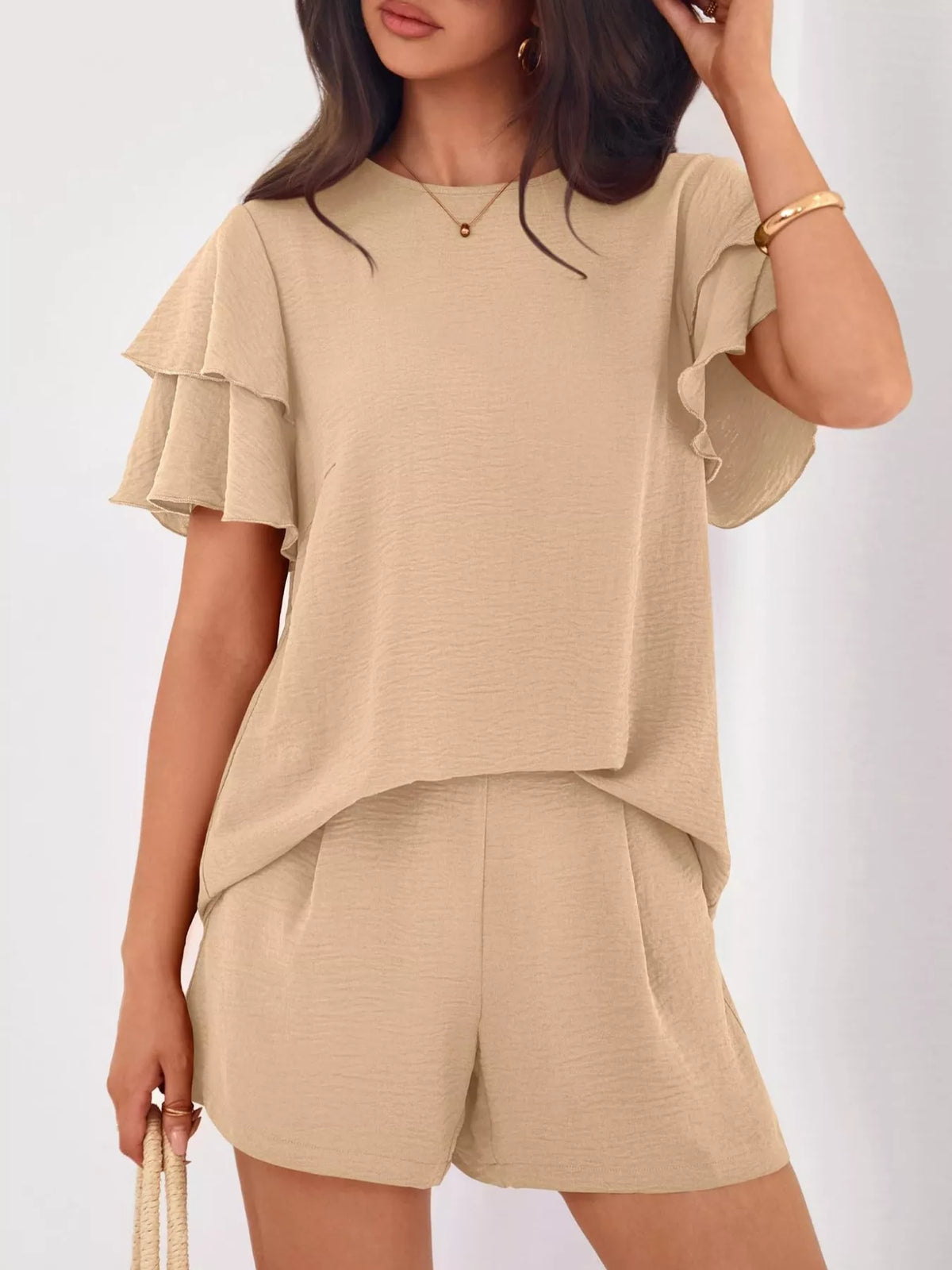 Ruffle sleeve top and shorts two piece set front view