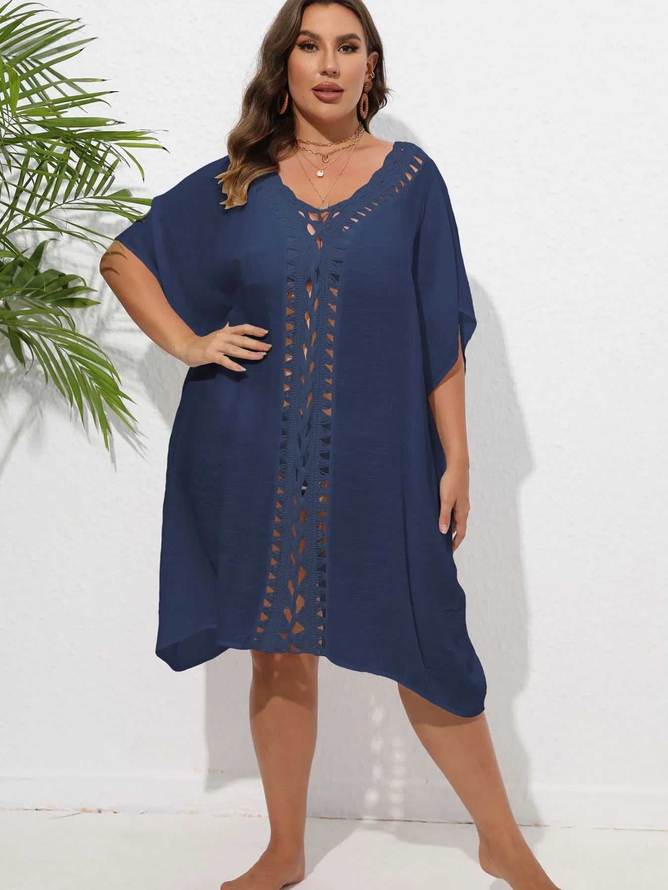 Crochet Trim V-Neck Beach Cover Up Dress - Fashorio