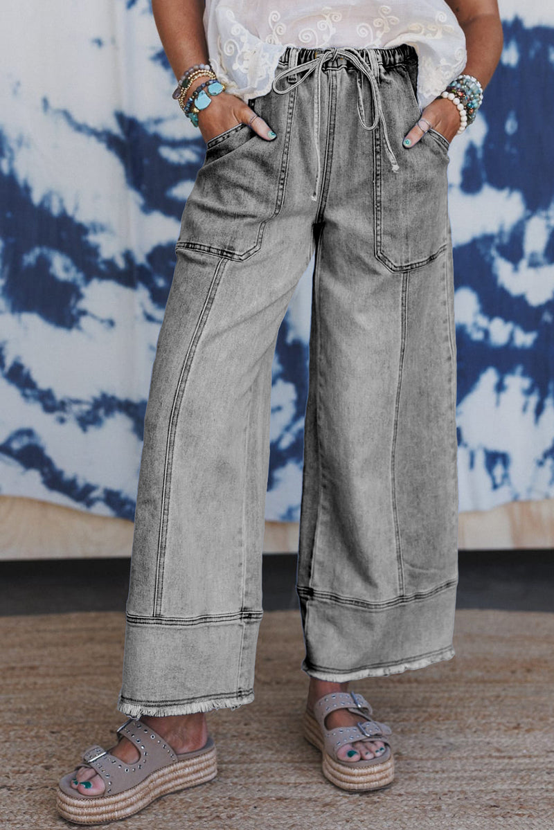 Gray wide leg jeans with drawstring waist front view