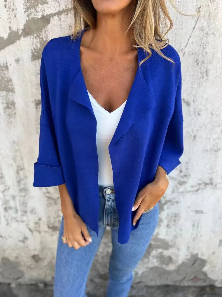 Full Size Open Front 3/4 Sleeve Cardigan Plus Size Blue - Fashorio