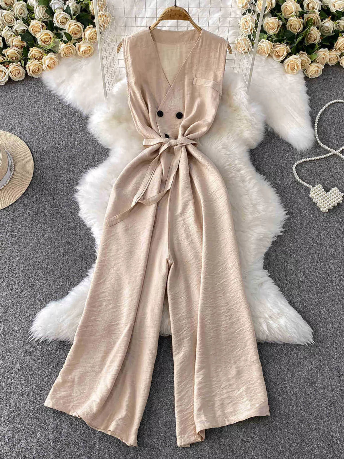 Apricot sleeveless wide leg jumpsuit front view