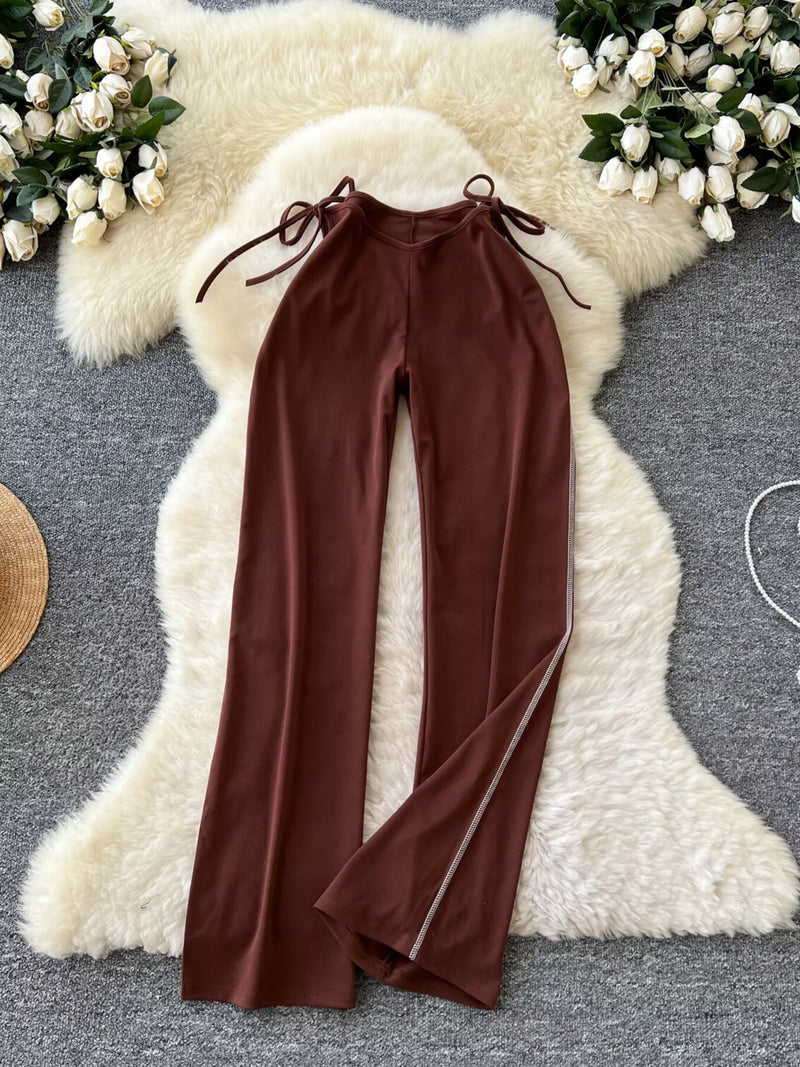 Dark brown wide leg tie waist pants, front view