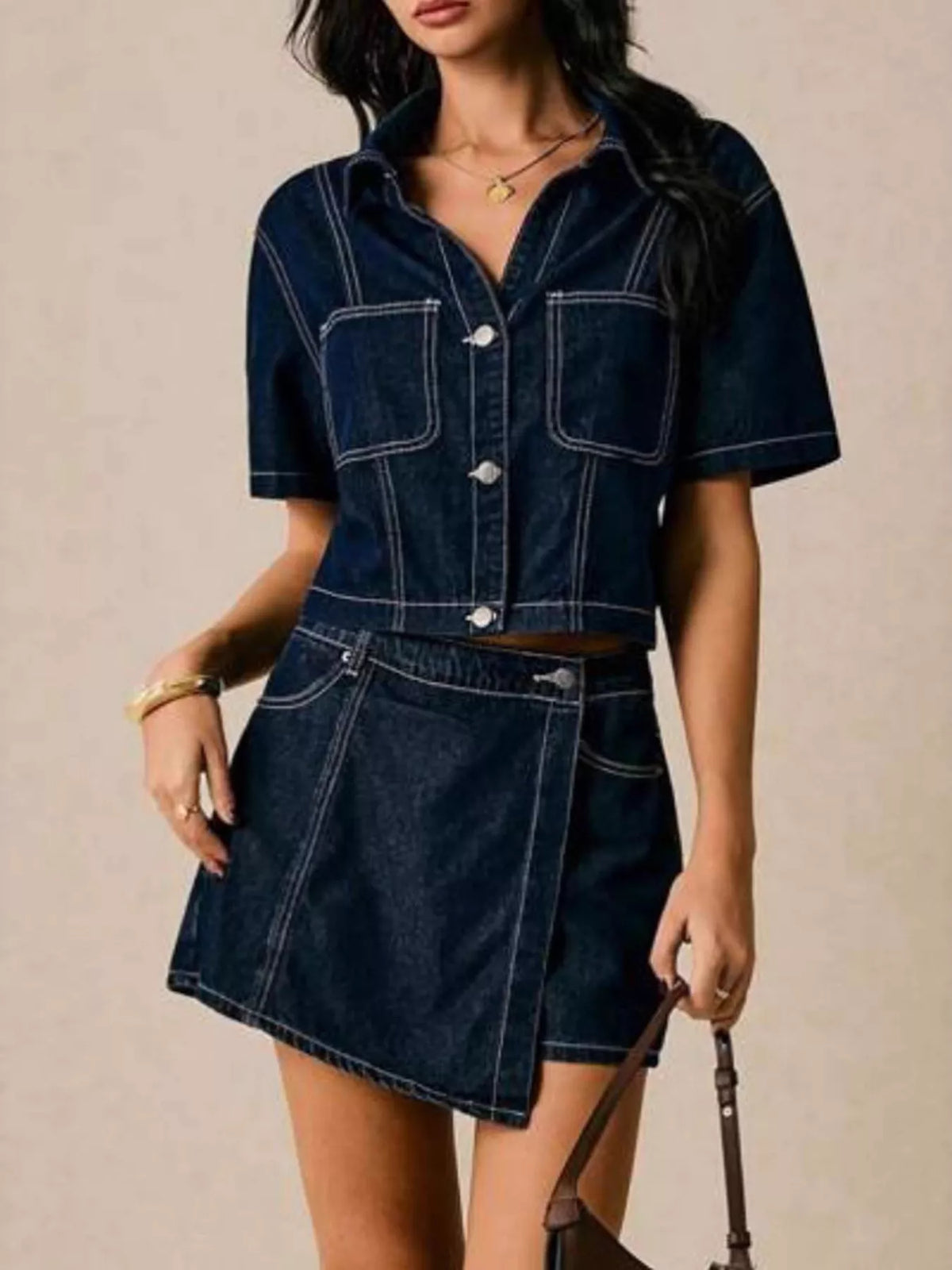 Denim skort two piece set side view