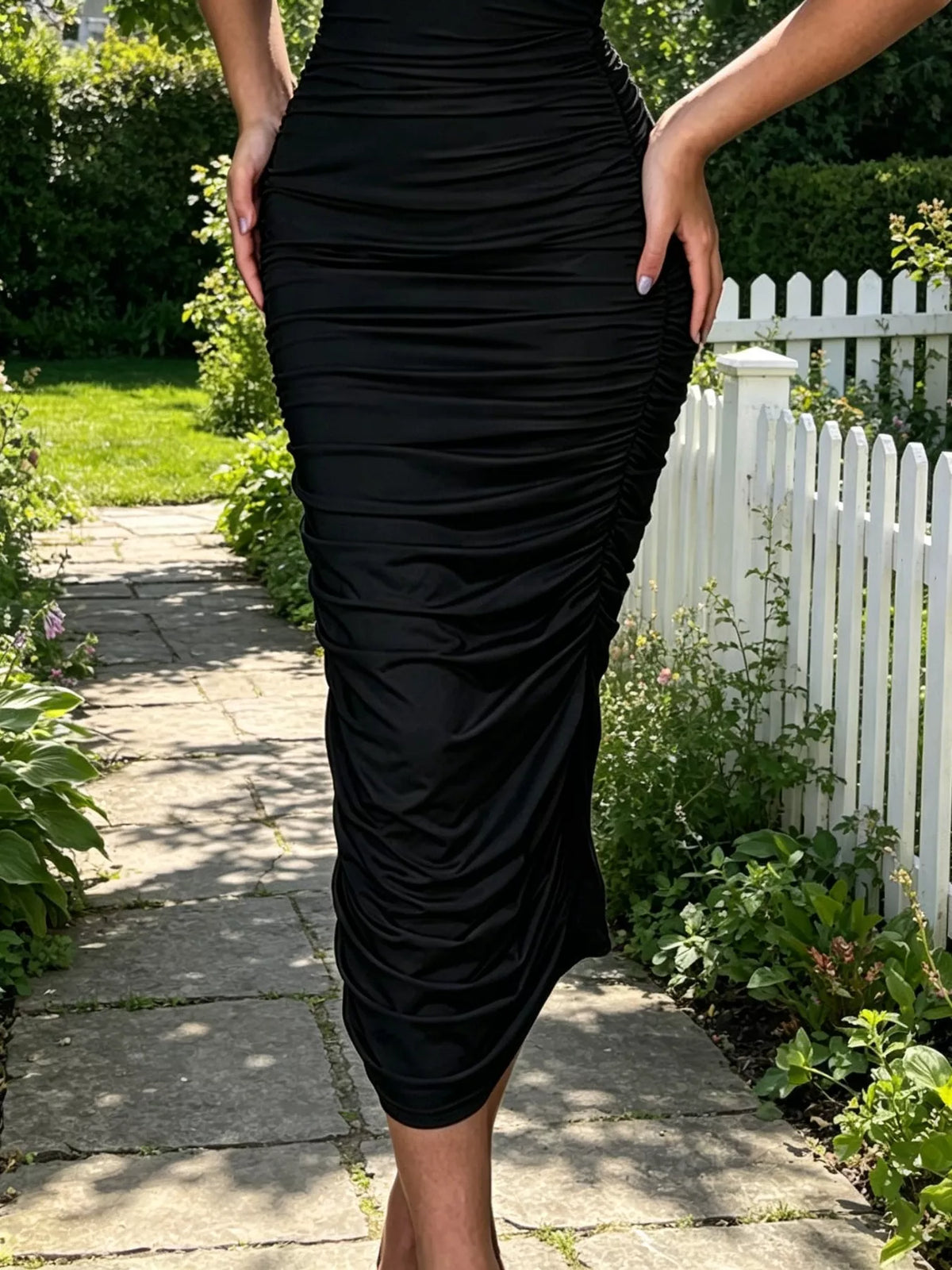 floral ruched strapless bodycon midi dress front view