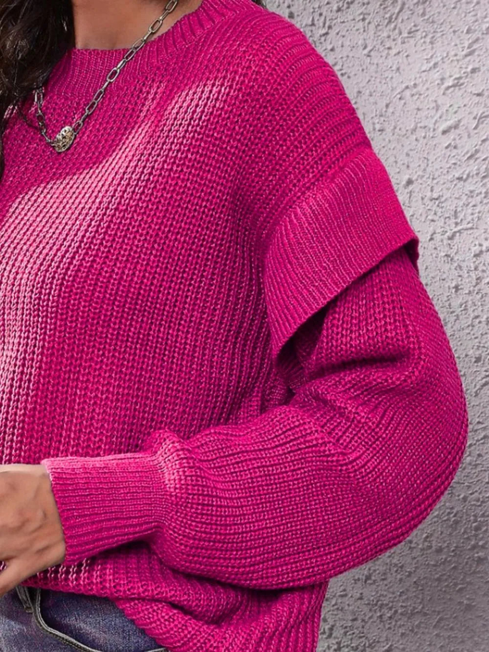 Ruffled Round Neck Dropped Shoulder Sweater - Fashorio