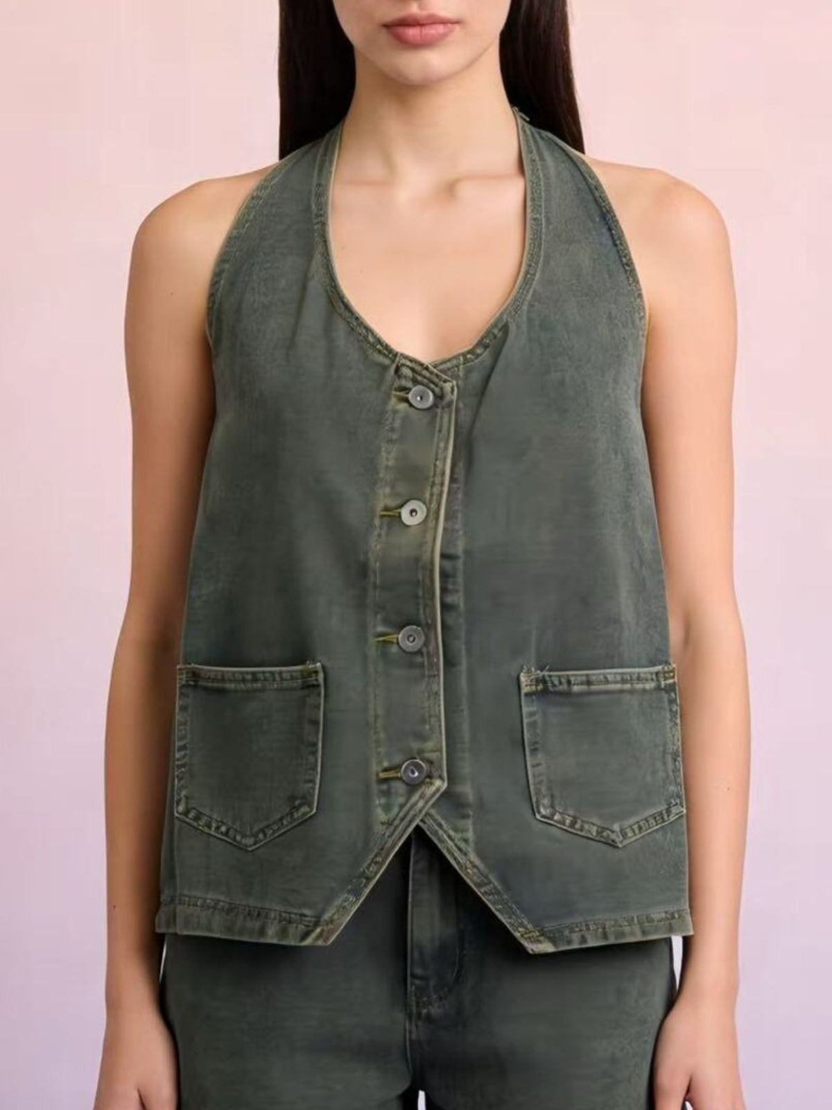 Halter Neck Button Down Denim Vest in Dark Blue view 7