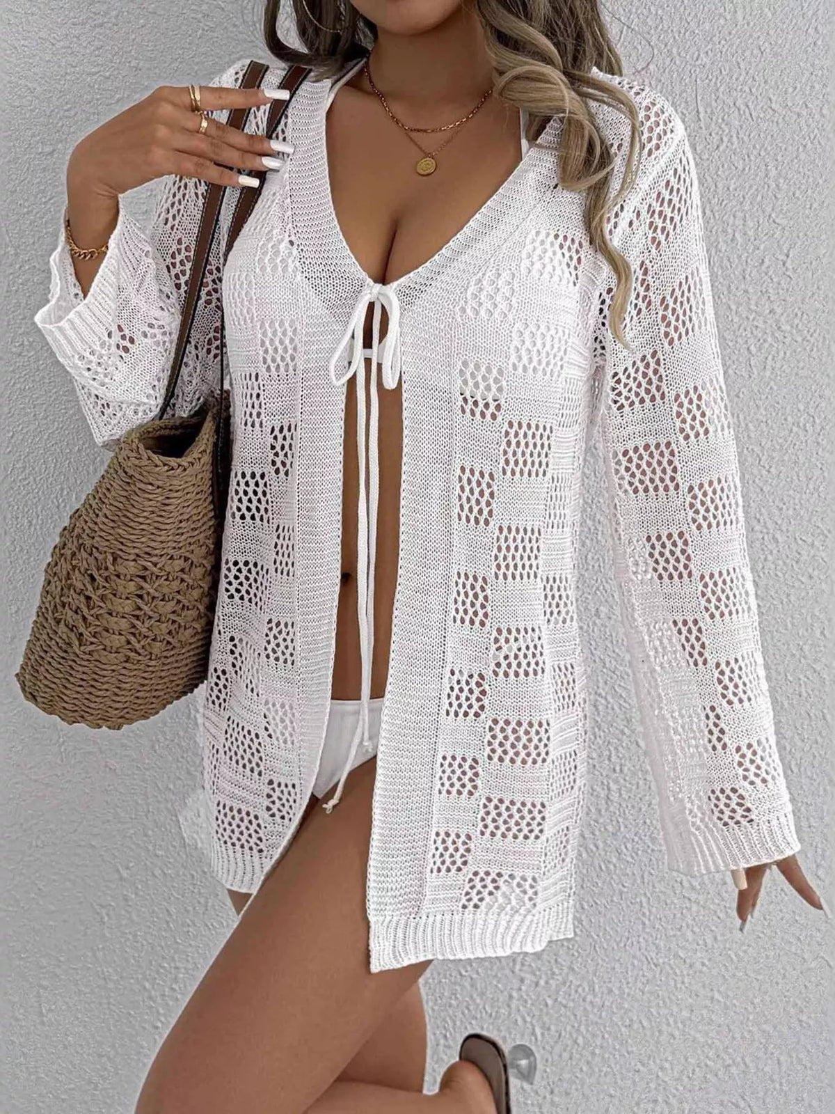 Crochet tie front swim cover up, styled outfit