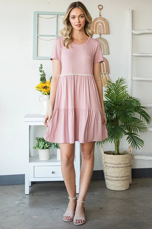 Dusty rose pompom mini dress styling detail