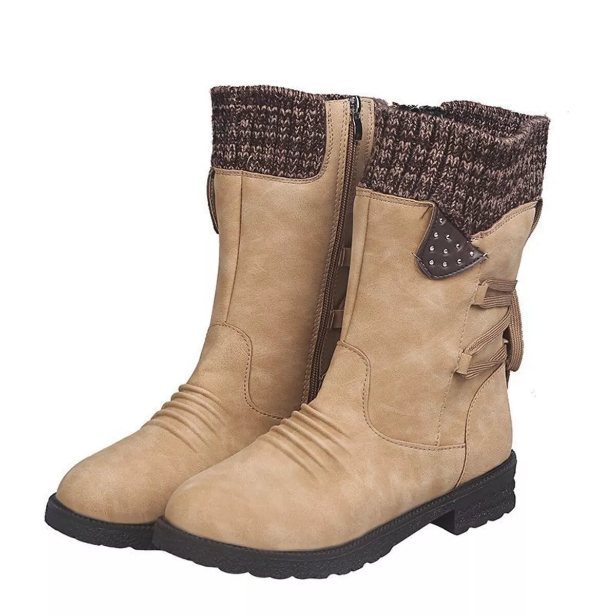 Black knitted cuff round toe boots upper texture detail