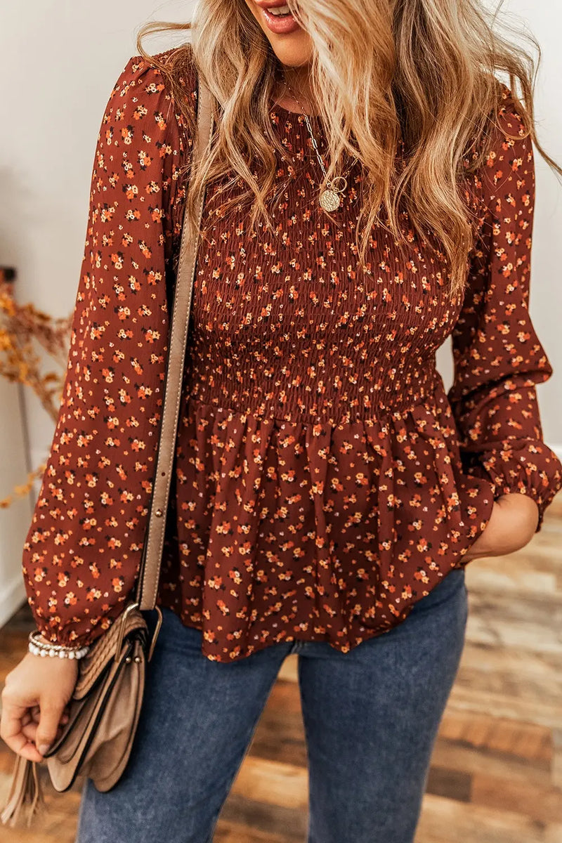 Floral smocked ruffle hem long sleeve blouse front view