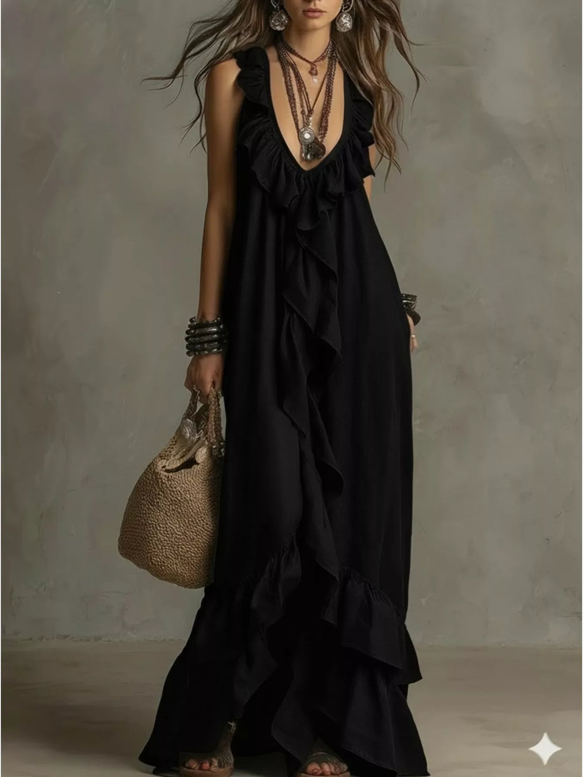 Ruffled sleeveless maxi dress front view