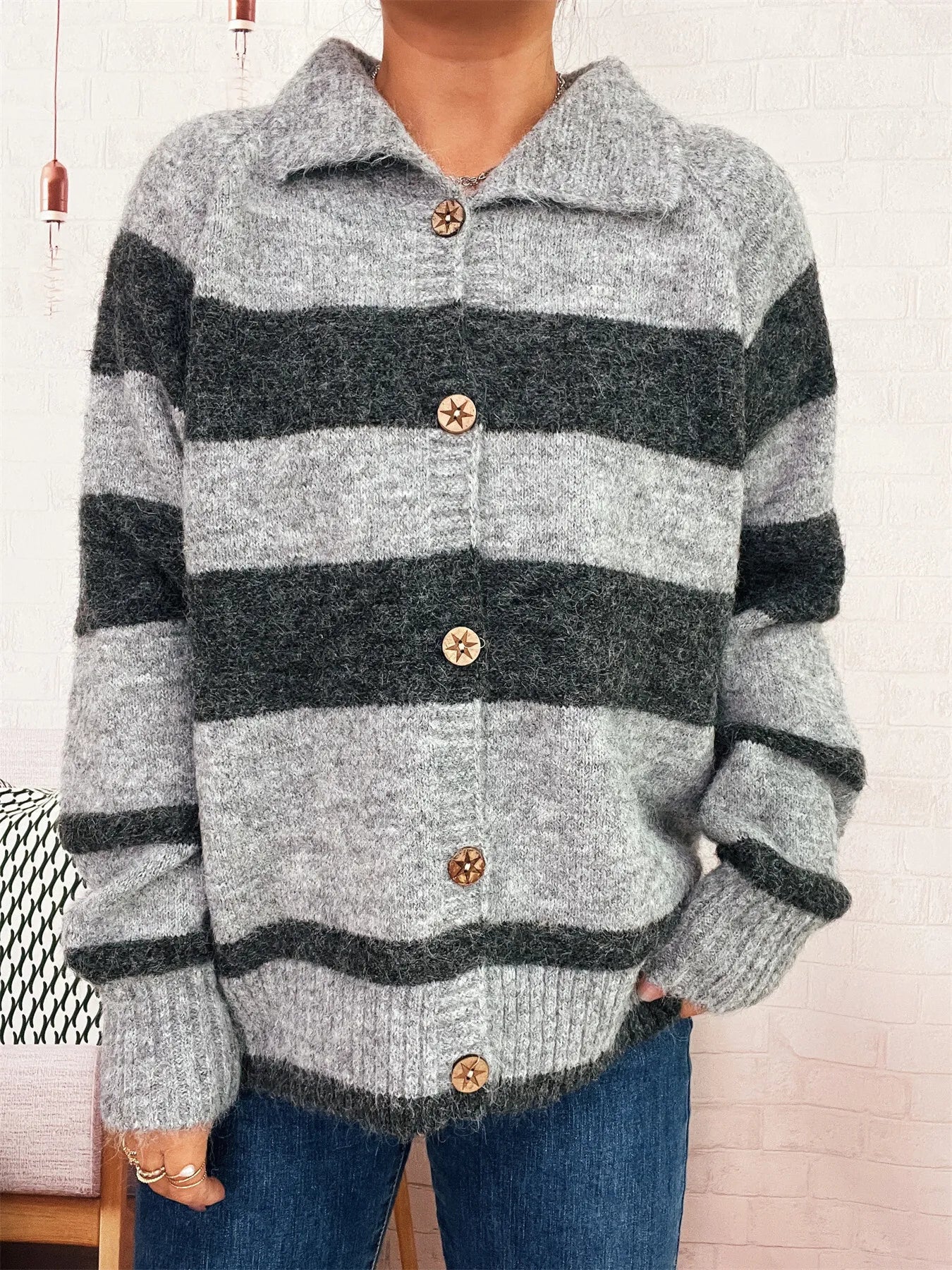 Striped Button-Up Cozy Cardigan - Fashorio