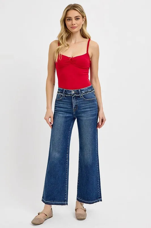 Dark denim bootcut jeans full length