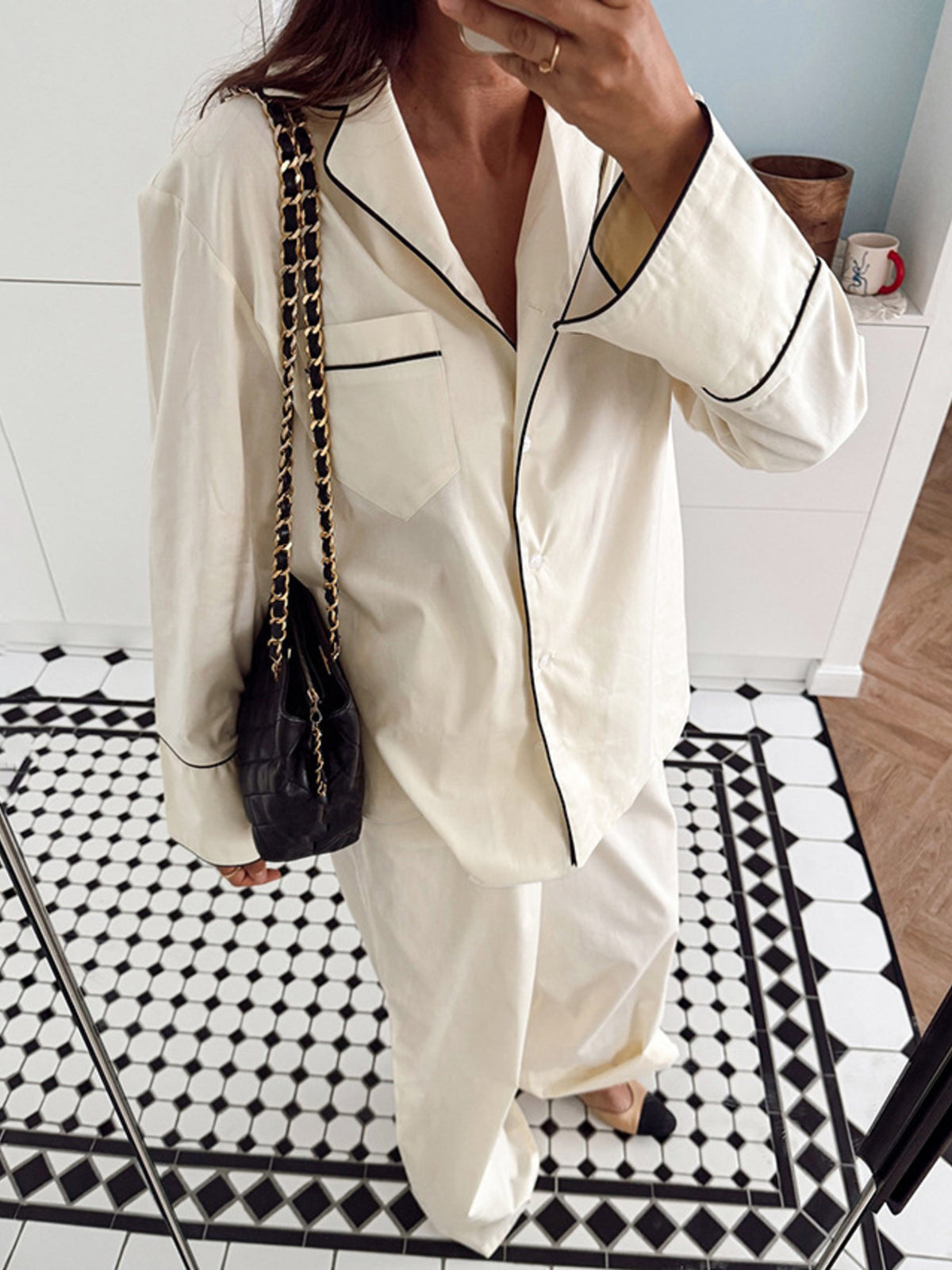 Beige contrast trim button up top and pants lounge set front view