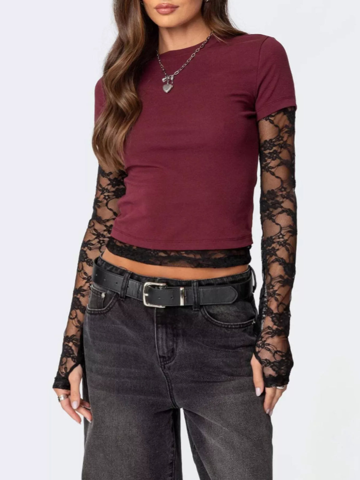Cropped tee with sheer lace long sleeves detail view