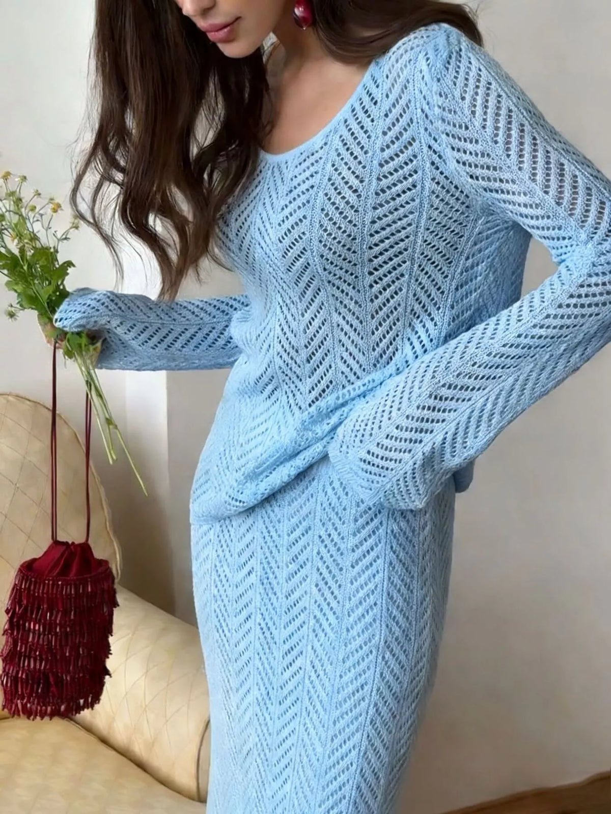 Openwork Long Sleeve Knit Top and Skirt Set, view 10