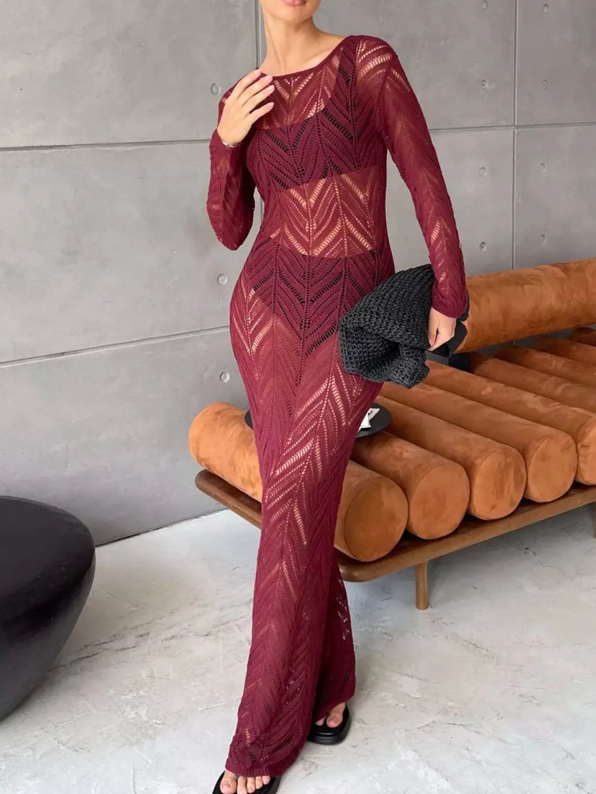 openwork knit long sleeve cover up maxi dress sleeve detail