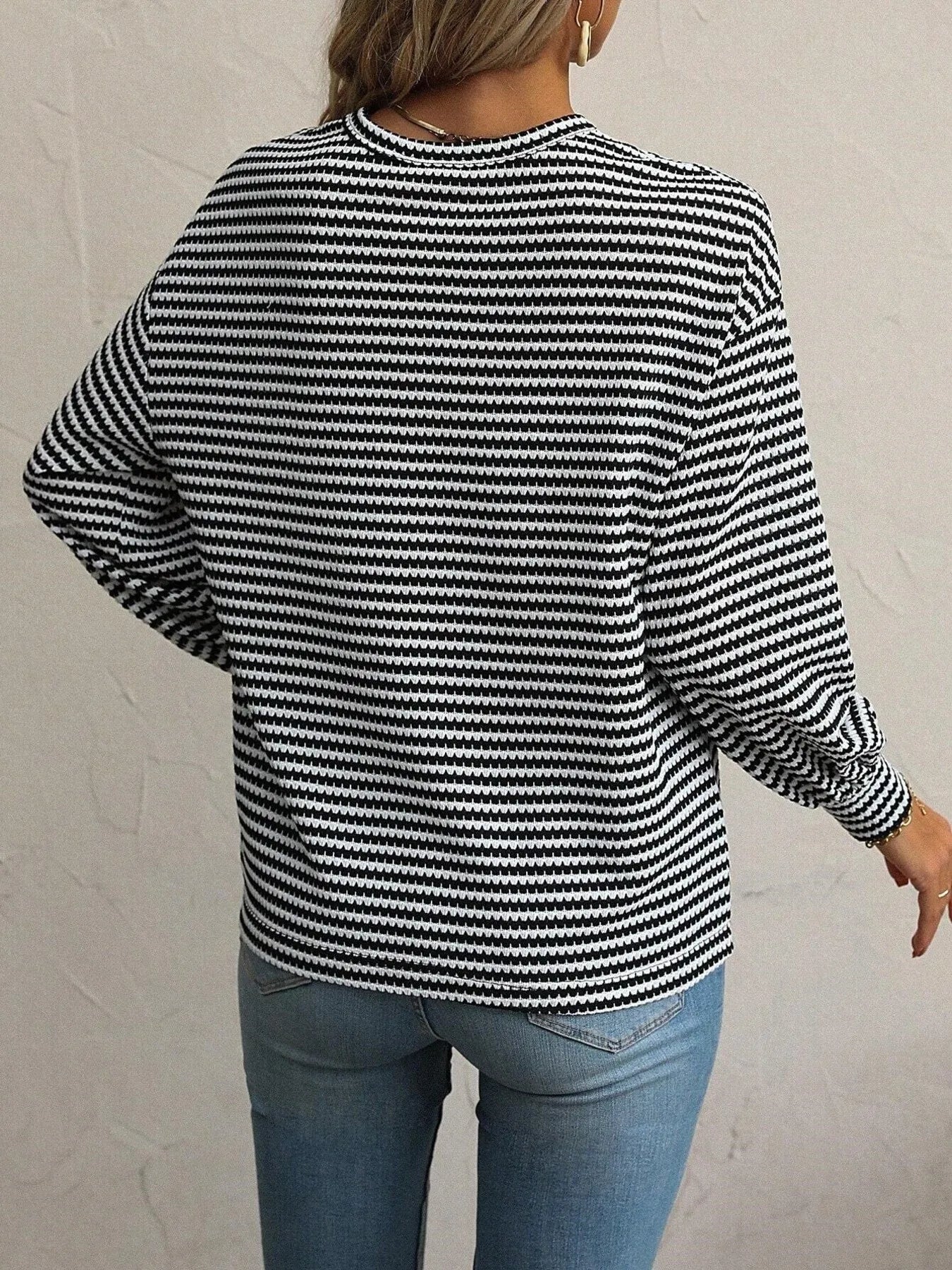 Striped Round Neck Lantern Sleeve Top - Fashorio